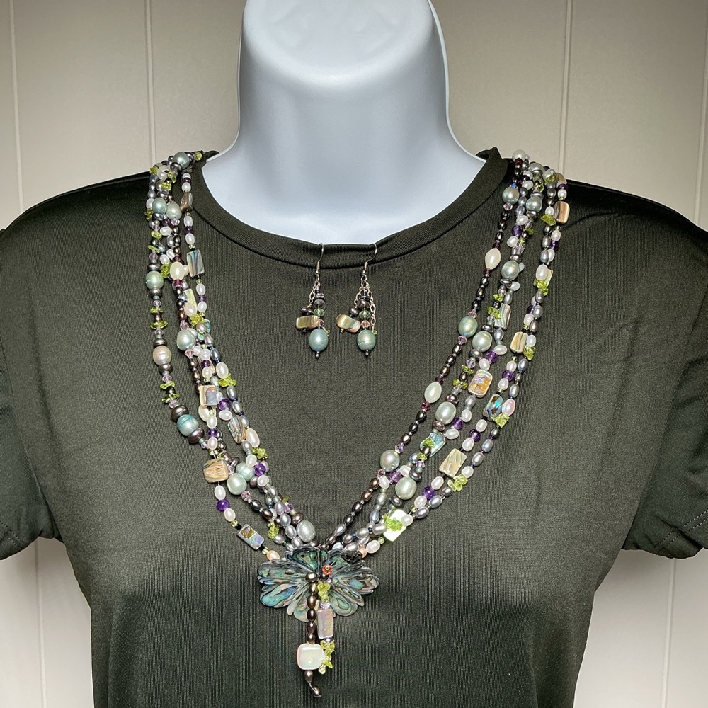 Abalone Shell Necklace & Earring Set Iridescent Floral Long Strand Turtle Clasp